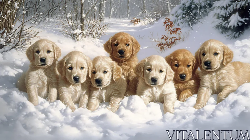 Multiple retriever puppies sit in snowy outdoor environment