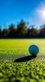 Sunlit golf ball rests calmly on bright green turf