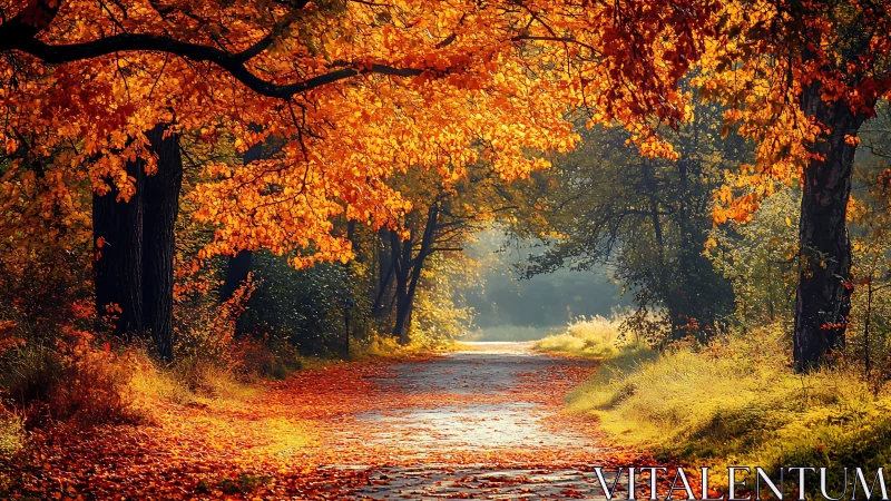 Autumn Tree-Lined Road with Golden Foliage and Clear Path.