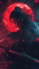 Fierce red moon warrior poised with twin glowing blades.