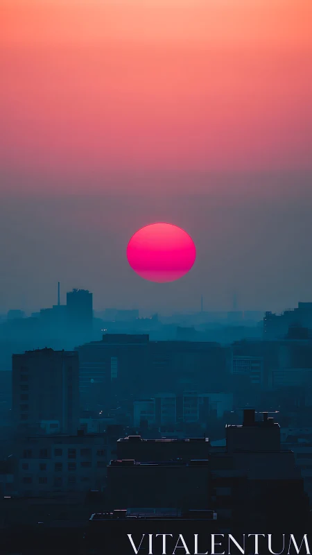Neon sun sinks over misty city skyline in dreamlike dusk