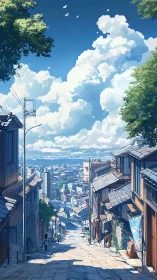 Sunlit hillside alley overlooking distant coastal city.