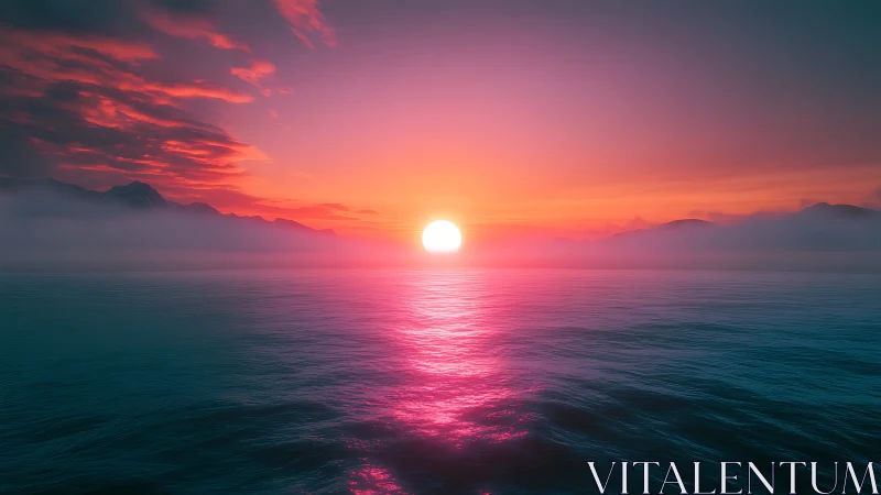 Radiant neon sunset over misty mountains and calm sea.