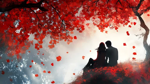 Silhouetted Couple Under Crimson Autumn Canopy.