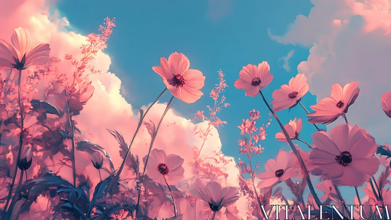Pink Cosmos Blooms Against Azure Sky with Volumetric Cloud Lighting.
