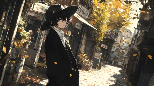 Brooding youth beneath autumn leaves in narrow city lane.