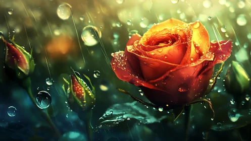 Macro study of dew-covered orange rose in dynamic rainfall