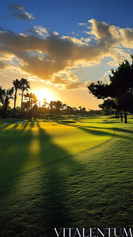 Sunlit golf fairway casts long palm shadows at sunset