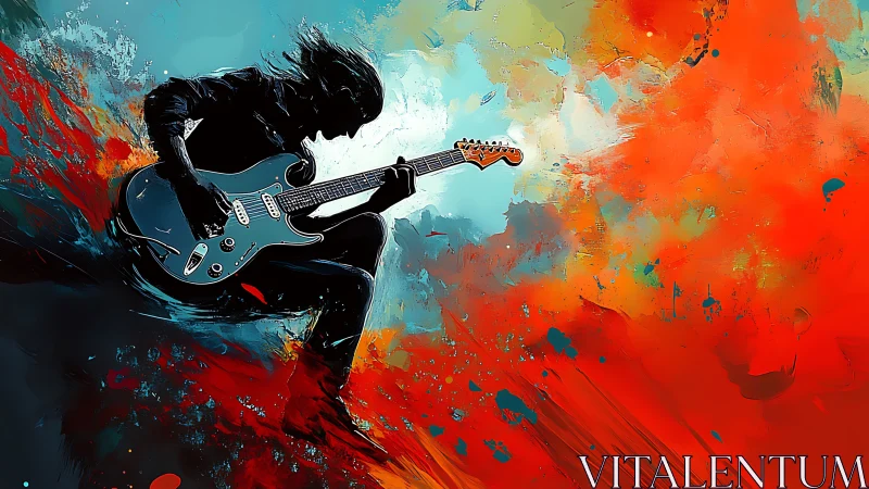 Silhouetted electric guitarist in turbulent chromatic motion field.