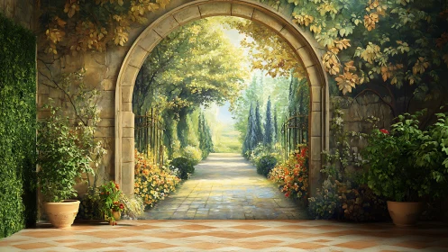 Stone archway overlooking sunlit formal garden path.