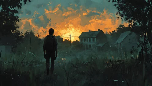 Lone wanderer studies burning horizon beyond ruined farmhouse