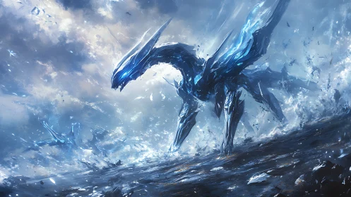 Crystal ice dragon strides across violent frozen wasteland.