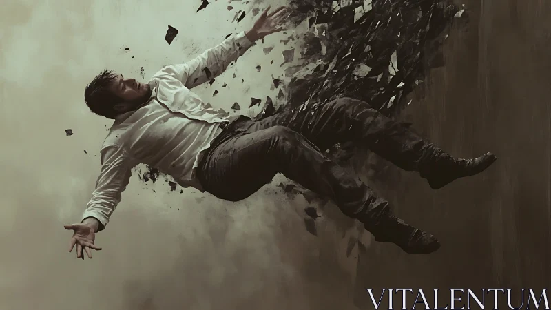 Shattering Descent Of A Man Unraveling Into Fragments.