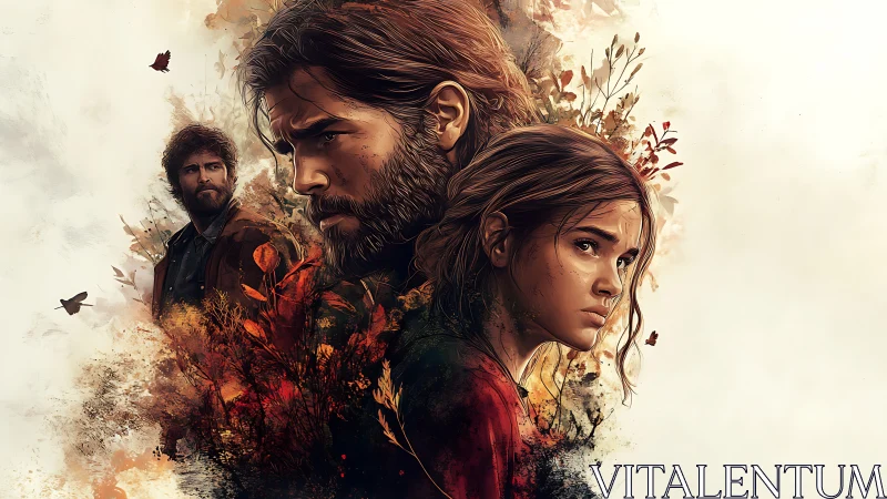 Layered portrait of three figures with autumn foliage forms.