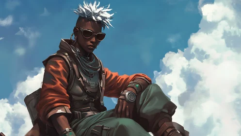 Postapocalyptic sky scout with tactical gear and mohawk.