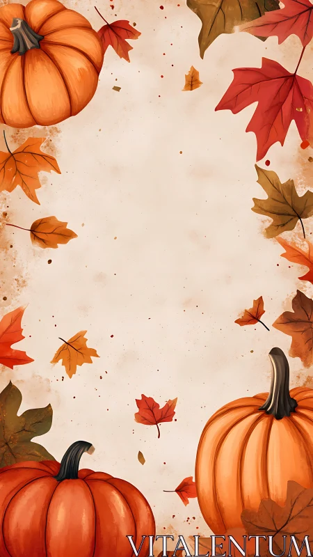 Autumn pumpkins and falling foliage framing blank center.