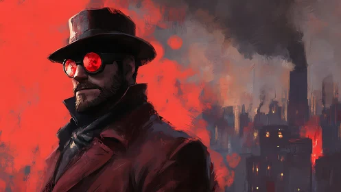 Man in red coat before smoky industrial cityscape.
