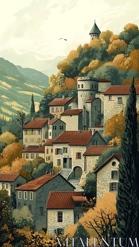 Terraced stone hilltown with red tile roofs in autumn light