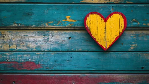 Red and Yellow Heart on Weathered Turquoise Wood.
