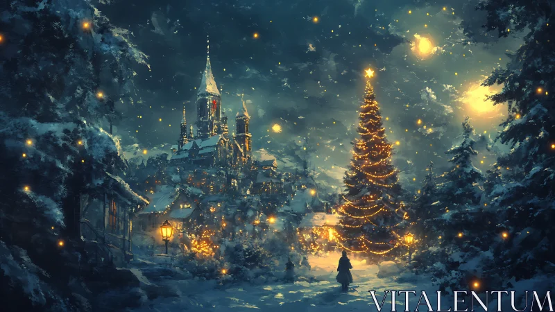 Snowy village square with illuminated Christmas tree.