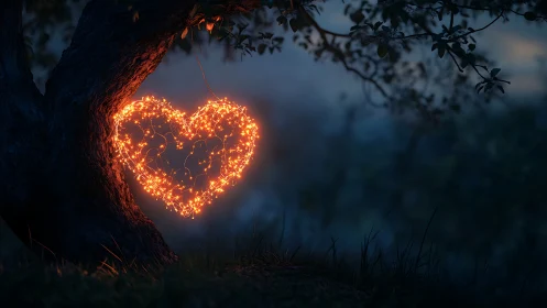 Luminous Heart Cradled in Ancient Tree Bark.