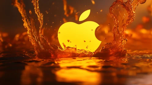 Glowing apple-shaped logo in orange liquid splash scene.