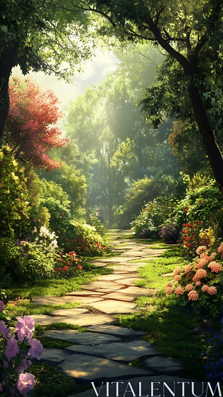 Sunlit stone garden path framed by lush flowering foliage.