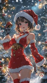 Starlit anime Santa girl ringing bells in snowy glimmer.