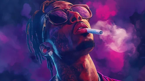 Neon-lit portrait with smoke, reflective shades, magenta haze.