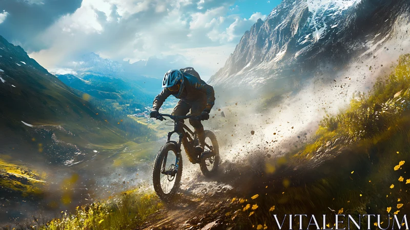 Mountain Biker Descending Alpine Trail with Dynamic Dust Dispersion