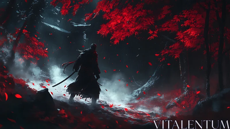 Solitary swordsman walks through red forest under mist