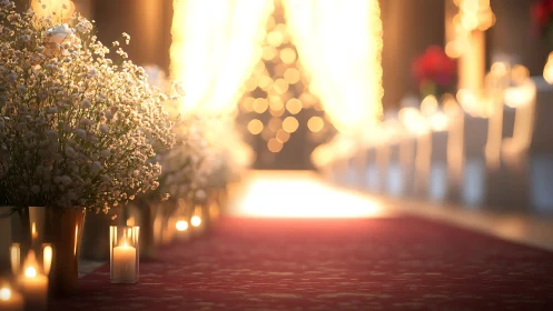 Candlelit aisle shimmers as baby’s breath blooms toward gold