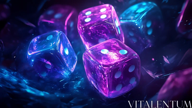 Neon crystal dice glow with vibrant cyan and magenta light.
