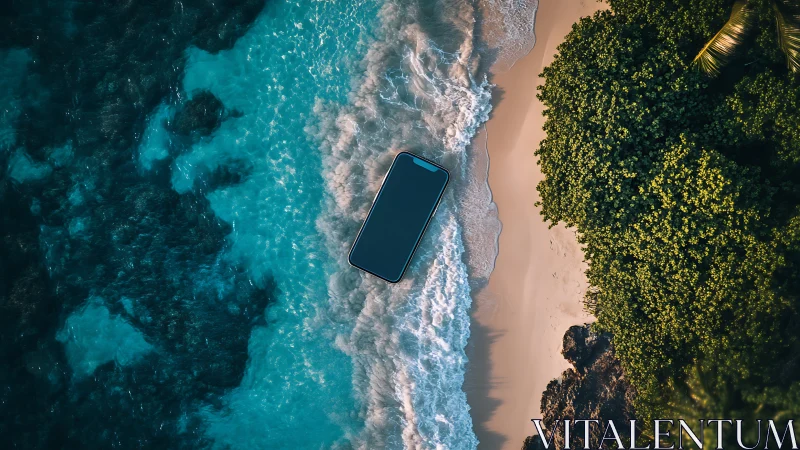 Lone Smartphone Rests on Tropical Shoreline Amid Ocean Waves