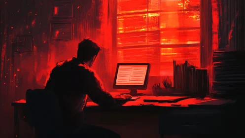 Figure at computer desk before red window light. Period.