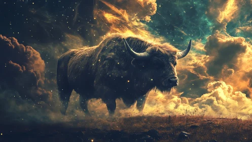 Celestial bison strides through glowing cosmic storm clouds.