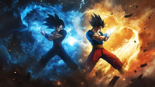 Dual energy warriors clash amid blue and orange cosmic storm