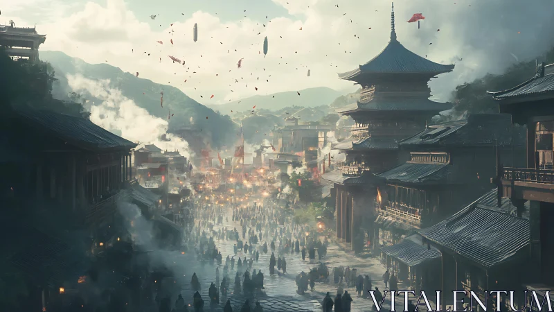 Crowded ancient Asian city street under smoky sky.