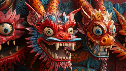 Colorful carved dragon masks bursting with festive energy.