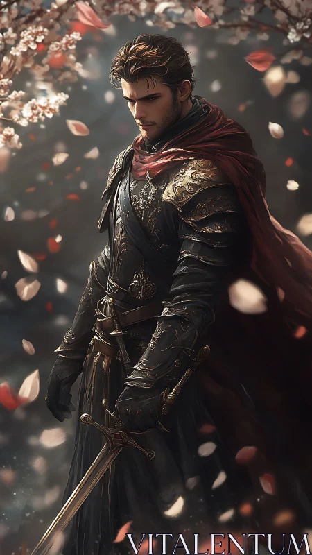 Medieval warrior in ornate armor under falling petals.