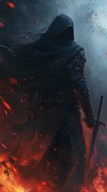 Shrouded warrior emerging through embers and stormlight.