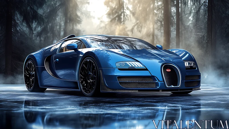 Blue sports car stands on wet reflective surface in misty forest