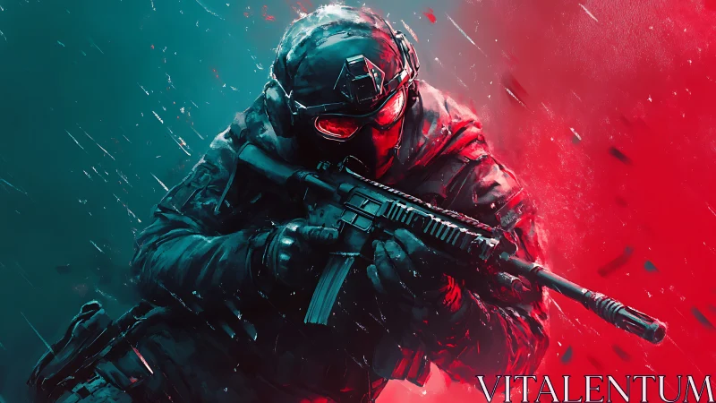 Armored tactical soldier aims rifle amid red teal field