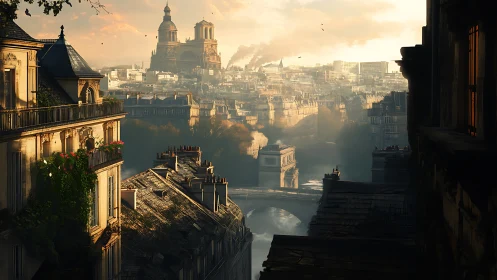 Golden evening light drifts over a dreamy riverside cityscape