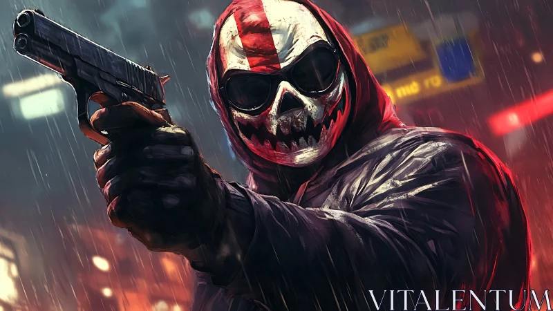 Masked gunman in wet neon city alley, aiming forward.