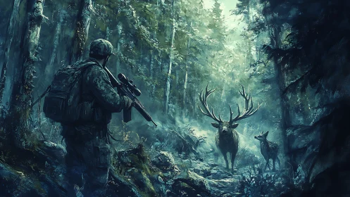 Armed soldier faces wildlife in misty forest encounter.