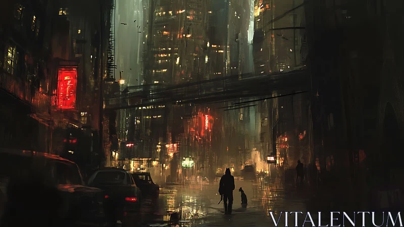 Rain-soaked futuristic street shows figures amid dense high-rises