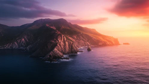 Volcanic Cliffs Ignite With Golden Hour Radiance Above Tranquil Waters