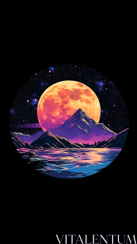 Mountain lake sits beneath large moon in stylized night sky