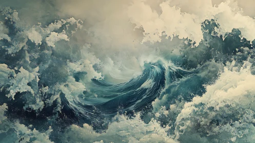 Storm-tossed ocean pirouettes under cathedral-high foam